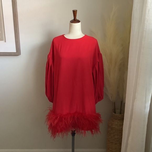 Marielle Stokkelaar Unique Red Holiday Party Dress, Feather Bottom Hem NWT OSFM - Picture 2 of 16